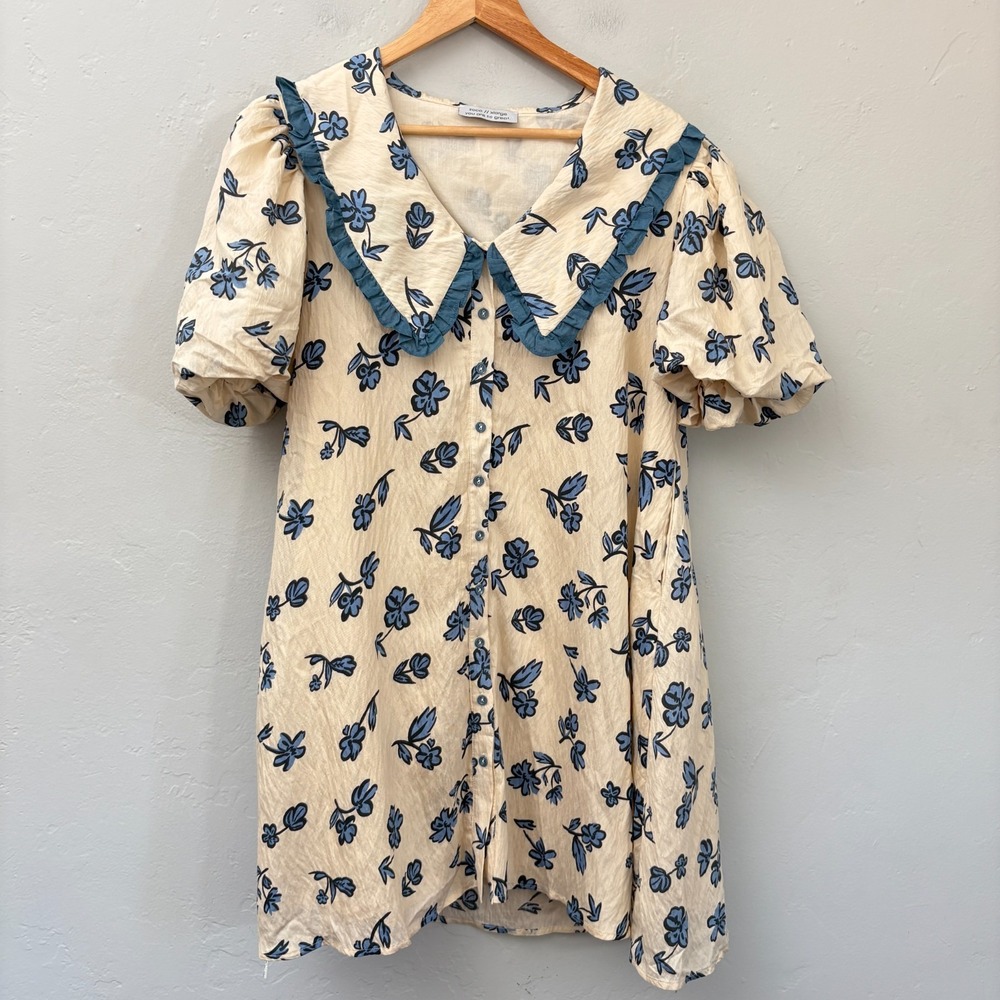 Zoco Poppy Peter Pan Collared Dress Women Size XL Ivory Blue Floral Puff Sleeve